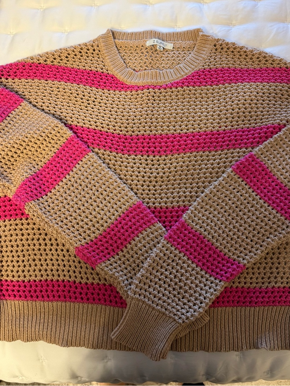 Z Supply Tan Sweater with Bright Pink Stripes